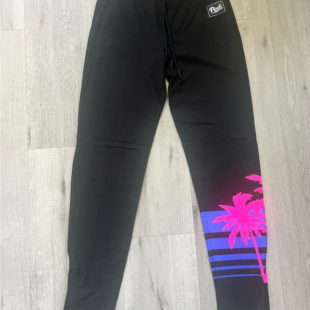PINK Victoria's Secret Black Joggers with Pink and Purple Palm Design